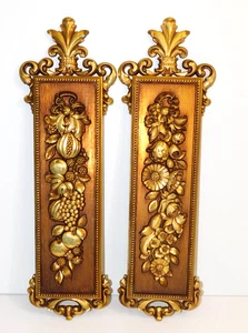 Vintage Pair of MCM Syroco USA Golden Floral Wall Plaques 20" Tall # 7221 & 7222 - Picture 1 of 7