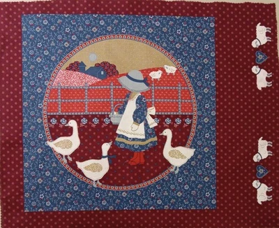  VTG~Maroon/Blue~"#2 Girl Feeding Ducks"~Cotton Fabric Panel~ 14.25"x14.75" - Image 1 of 4