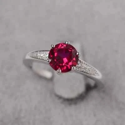 Round cut ruby ring sterling silver engagement ring for women July birthstone - Image 1 of 3
