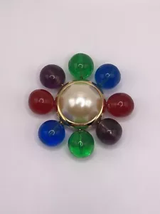Vintage Large Multi Color Lucite Cabochon Gold Tone Brooch Pin - Picture 1 of 8