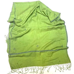 Scarf.  Poshmima-Style Lime Green Blue Floral Embroidery Tassels 29" x 70" - Picture 1 of 3