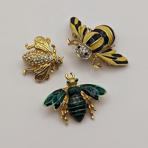 Bee Brooches Pins, Gold Tone Rhinestones, Green & Yellow Black Enamel, Set of 3