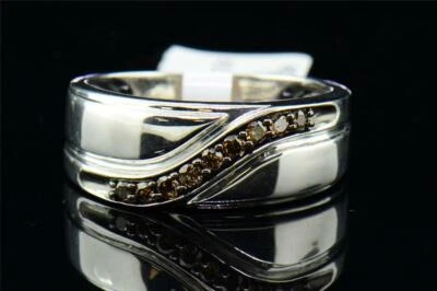 Mens Sterling SIlver & Cognac Brown Diamond Engagement Ring Wedding Band .25 Ct - Image 1 of 4