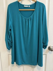 Susan Graver XL Teal Blue Scoop Neck Tunic 3/4 Ruched Sleeves A217831 New - Picture 1 of 12