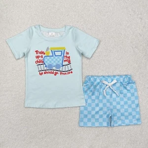 Train in the way toddler baby boys summer blue shorts outfit - Picture 1 of 20