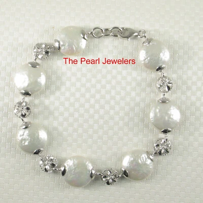 Pulsera Plumeria Moneda Blanca Perla - Plata de Ley 925 Diseño Hawaiano Foto 1 de 4