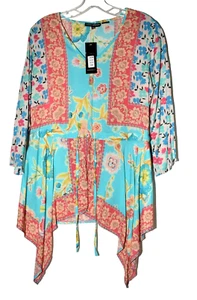 Túnica Tolani Vittoria Aqua Floral Cordón Cintura Pañuelo Dobladillo Talla XXS NUEVA CON ETIQUETAS - Imagen 1 de 9