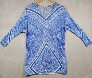 Lily Pulitzer Sweater Top Womens XS/S Blue Floral Lightweight V-neck Linen