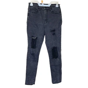 Pantalones de mezclilla pequeños Forever 21 para mujer desgastados malla rasgada deshilachada gótico emo punk - Imagen 1 de 16