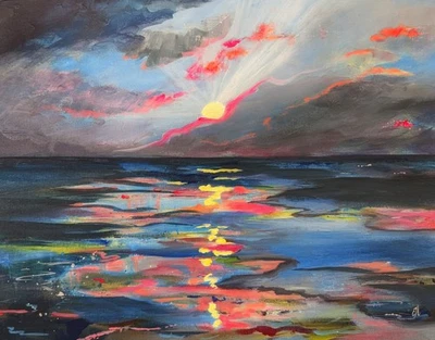 ORIGINAL PAINTING Hand-Painted Canvas. Modern Abstract Art. Coastal Sunset 11x14 - Image 1 of 4