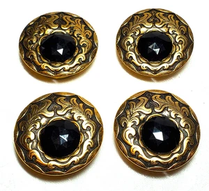 Set of 4 Vintage Nony New York Black Glass Gold Tone Metal Button Covers - Picture 1 of 17