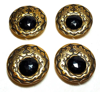 Set of 4 Vintage Nony New York Black Glass Gold Tone Metal Button Covers - Image 1 of 4