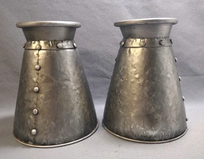set of 2  conical metal pewter tone cone 8" vases steampunk retro distressed - Image 1 of 4