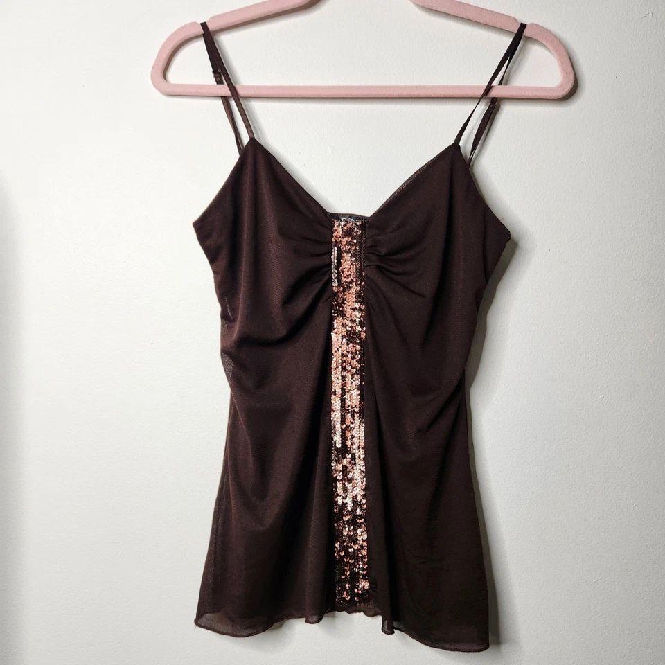 Y2K Babydoll Brown Sequin Cami Tank Top Forest Fairy Size Medium VTG - Image 1 of 4