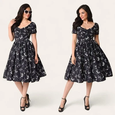 UNIQUE VINTAGE  1950s Black Prowling Cat Print Draper Swing Dress   Size XL - Image 1 of 4