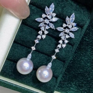 PERFECT AAAAA 8-9MM SOUTH SEA WHITE ROUND PEARL EARRING 925S - Picture 1 of 4