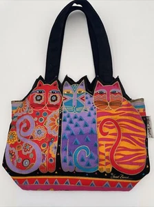 Vintage Laurel Burch Cat Canvas Tote Bag Lined Sun N' Sand Beach Colorful Cat - Picture 1 of 21