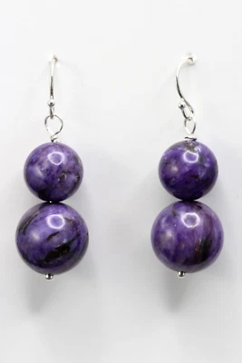 Sugilite Purple 12mm Ball Natural Gemstone .925 Sterling Silver Earrings 1 1/2" Foto 1 de 3