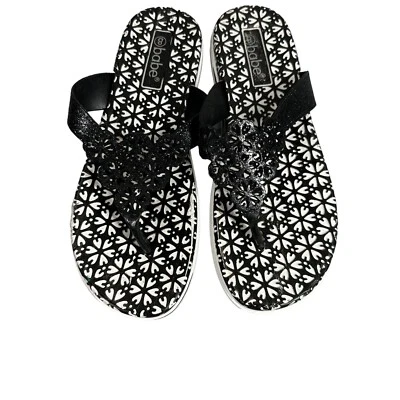 Babe Flip Flop Thong Shoes Womens Size 8 Black White Floral Shoes Vacation Beach - Изображение 1 из 4