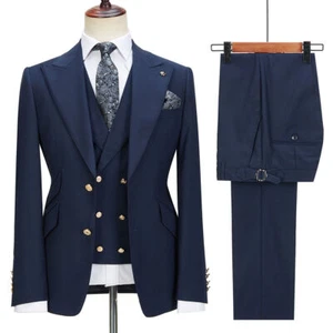 Men Suit Navy Peak Lapel Luxury Groom Tuxedo Wedding Party Prom Dinner Custom - Picture 1 of 12