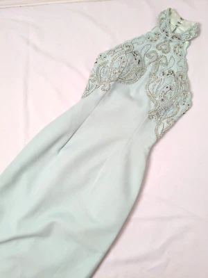 ALYCE DESIGNS Sea Foam Azul Claro Halter Vestido de Baile de graduación con Cuentas Foto 1 de 4