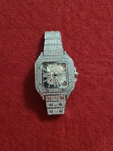 Luxury Hip Hop Custom Bling Ice out Mens Watch Iced VVS Cz Silver Square Diamond - Picture 1 of 5