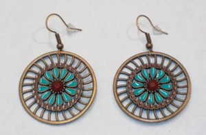 Bohemian Boho Turquoise Burgundy Round Copper Metal Dangle Earrings *NEW* - Picture 1 of 2