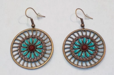 Pendientes Colgantes Bohemios Boho Turquesa Borgoña Redondos Cobre Metal *NUEVOS* Foto 1 de 2