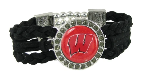 Wisconsin Badgers Multi Braided Black Leather Crystal Bracelet Jewelry UW Red Cover
