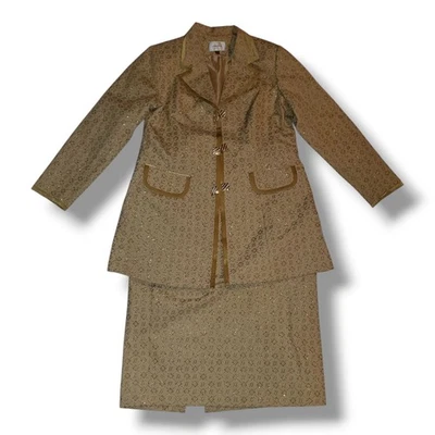 Women's Terramina 3 Piece Tan & Gold Jacket, Vest And Skirt Suit Dress. Size 18 - Image 1 of 4