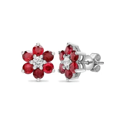18ct White Gold Jewelco London Diamond Ruby Flower Cluster Stud Earrings - Image 1 of 3
