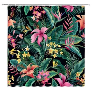 Cortina de Ducha Flor Hojas Tropicales Verde Palma Hoja de Plátano Rosa Plan Floral... - Imagen 1 de 7