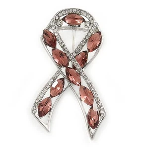 Clear/ Plum Crystal Breast Cancer Awareness Ribbon Lapel Pin In Rhodium Plating - Picture 1 of 4