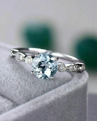 1.50Ct Round Cut Aquamarine Solitaire Diamond Women's Ring 14k White Gold Finish - Image 1 of 4