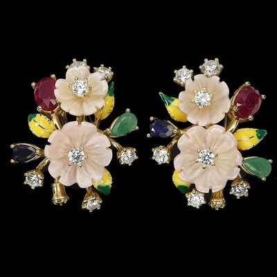 Pendientes de plata de ley 925 ovalados rubí esmeralda zafiro piedras preciosas esmalte flor Foto 1 de 4