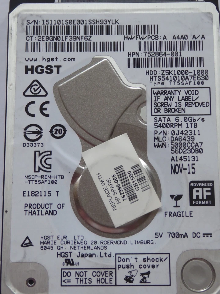HGST HTS541010A7E630 MLC: DA6439 P/N: 0J42311 NOV-15 - 1TB - Bild 1 von 1