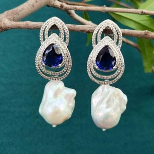 Cultured White Keshi Pearl Blue Cz Pave Stud Drop Earrings Women Jewelry - Picture 1 of 6
