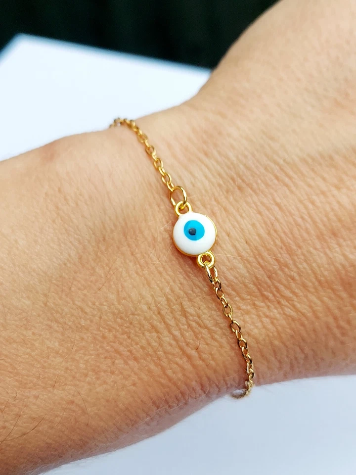 Damen 18K Vergoldet Türkische Griechische Böse Weiß & Blau Auge Armband - Bild 1 von 4