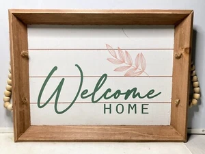 Bandeja para servir de madera "Welcome Home" tranquilidad neutra con asas de cuentas - Imagen 1 de 4