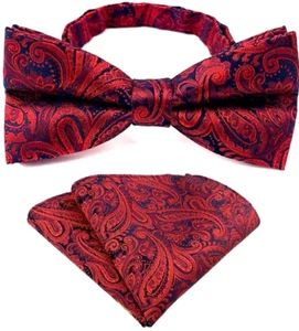 New Mens Pre-Tied adjustable Bow Tie Palsley Red Silk Bowtie Hanky Party - Picture 1 of 1