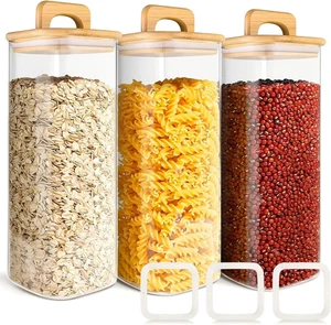 Glass Storage Containers With Bamboo Wood Lids, 3 Set of 67oz Square Food Jar... - Picture 1 of 12
