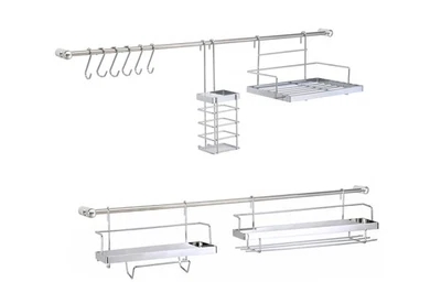 Küchenleiste mit Haken Set 2 Regale Rollenhalter Besteckhalter verchromt 76cm - Bild 1 von 4