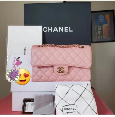 $10,900 CHANEL Classic small double Flap Bag Iridescent Pink caviar gold Hw - Image 1 of 4