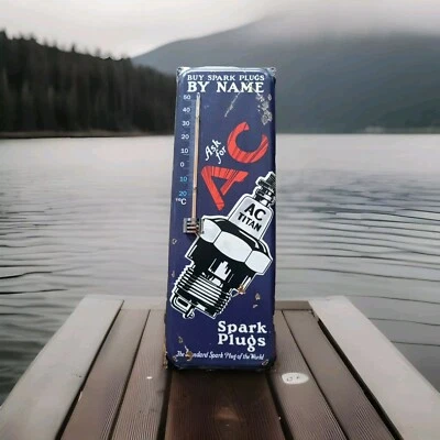 Vintage AC "buy spark plugs BY NAME" Thermometer Tin Spark plug Sign advertising - Image 1 of 4