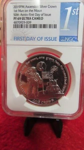 2019 Ascension Island Silver Crown 1st man on the moon 50th Anniversary NGC PF69 - Picture 1 of 6