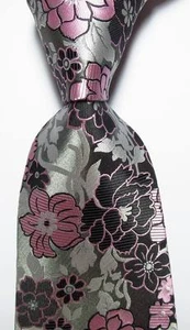 New Classic Floral Gray Black Pink JACQUARD WOVEN 100% Silk Men's Tie Necktie - Picture 1 of 4