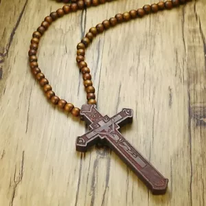 36 Zoll Rosenkranz Halskette groß Holz Jesus Christus Kreuz Anhänger Holzperlen Kette - Bild 1 von 7