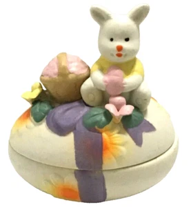Vtg Easter Egg Trinket Box with Bunny and Basket Flowers Ceramic Chalkware - Picture 1 of 5
