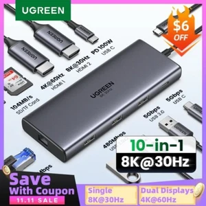 Dual HDMI USB HUB 8K HDMI Adapter 10in1 Splitter USB 3.0PD 100W Dock for Macbook - Picture 1 of 19