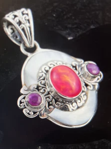 BALI LEGACY Pink Ethiopian Welo Opal Multi Gemstone Pendant in Sterling Silver - Picture 1 of 6